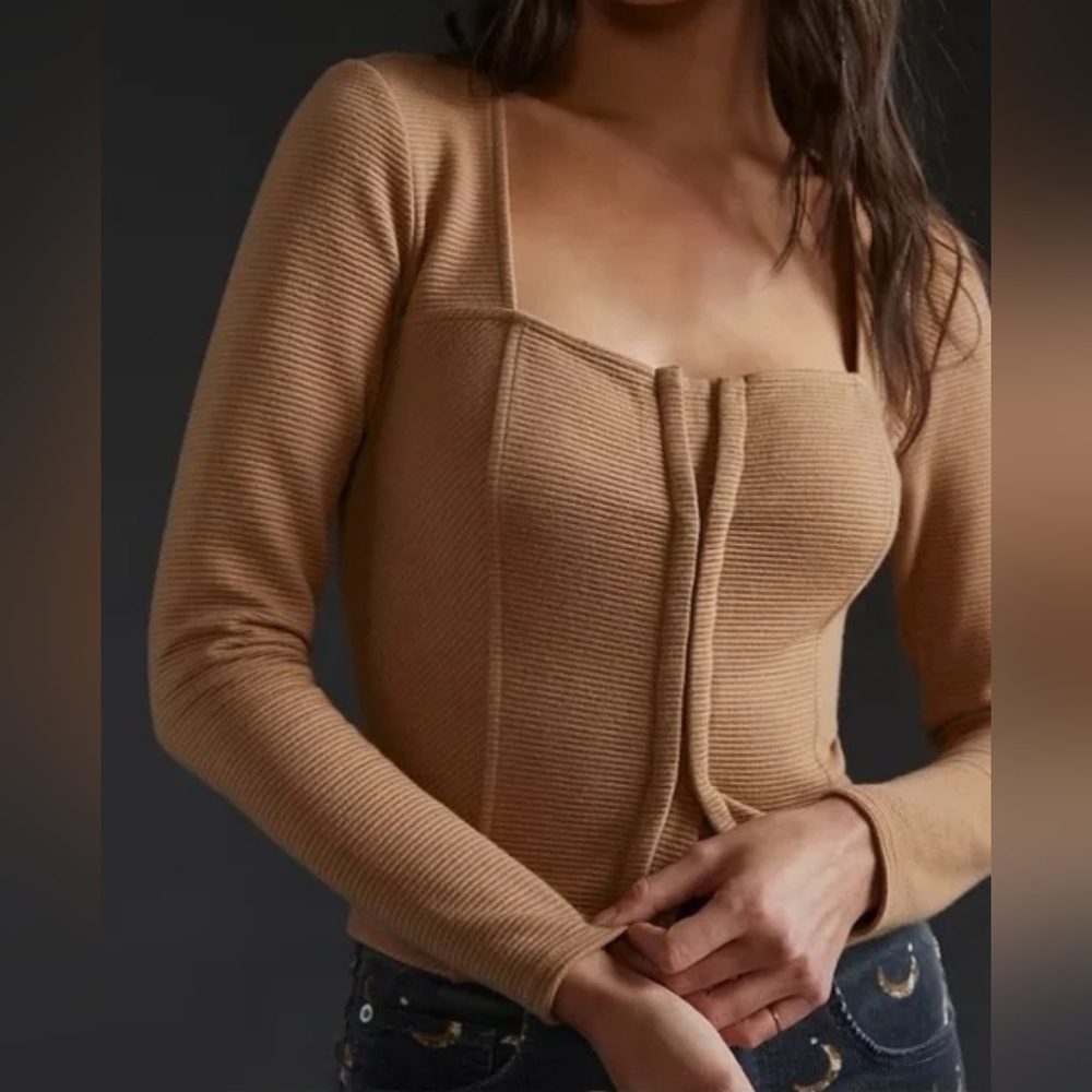 BB Dakota Camel Ribbed Square-Neck Sweater Cardigan